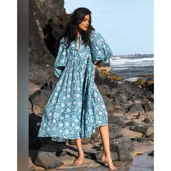 DAUGHTERS OF INDIA Sz M Medium Kyra Midi Dress Ocean Blue - Picture 13 of 14